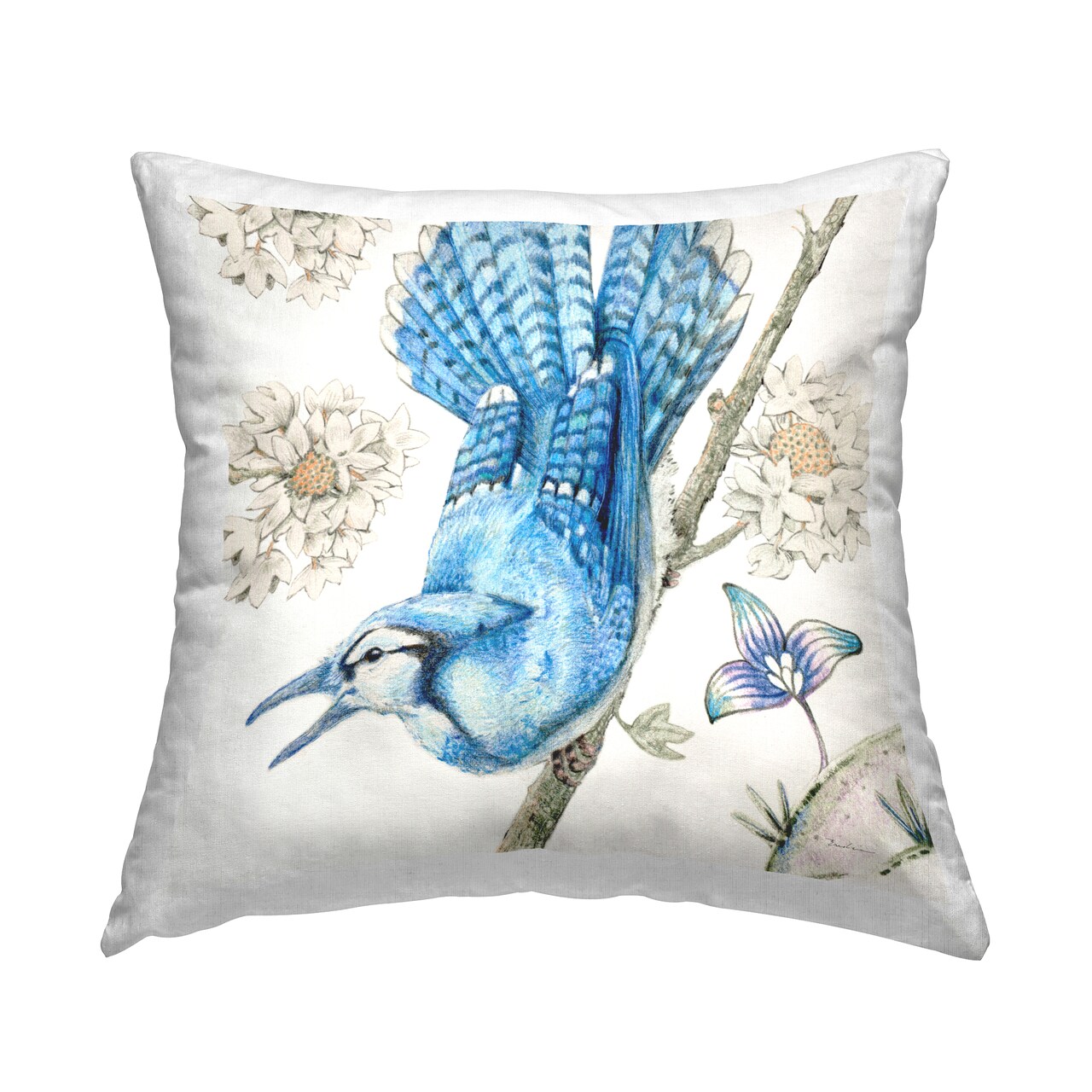 Blue Jay Perched Florals Decorative Printed Throw Pillow Design by Evelia Designs, 18 x 7 x 18